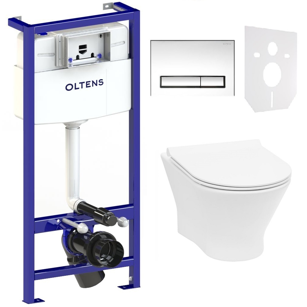 Set vas WC cu capac soft-close Roca Nexo A34H64L000, cadru încastrat cu buton și sigiliu Oltens Triberg 58300100