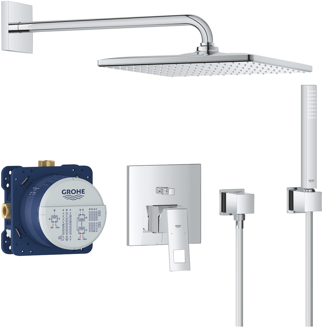 Set cap de duș cu braț Grohe Rainshower 26564000, baterie cadă-duș Grohe Eurocube 24062000, 27702000, 35600000, 27704000