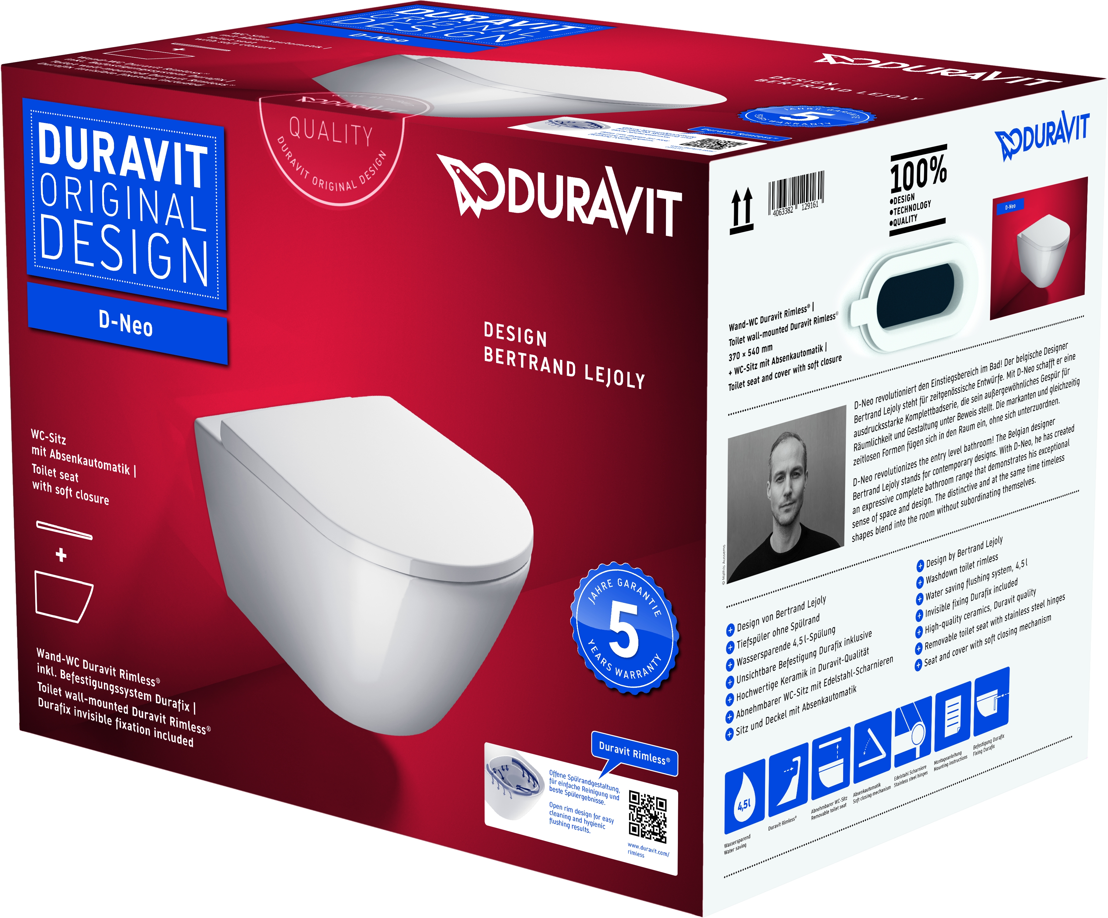 Duravit D-Neo vas wc cu capac soft-close agăţat da alb 45770900A1