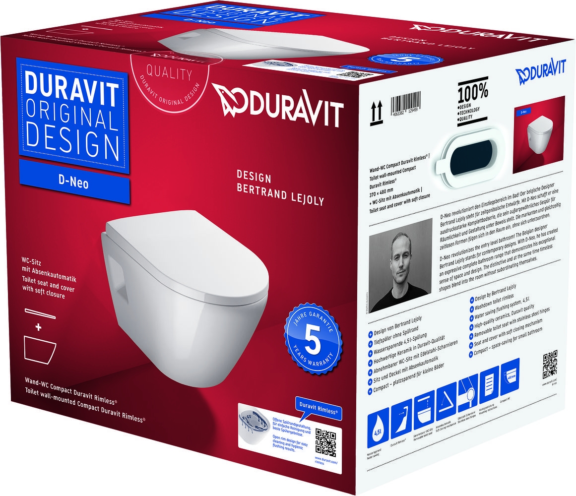 Duravit D-Neo vas wc cu capac soft-close agăţat da alb 45870900A1