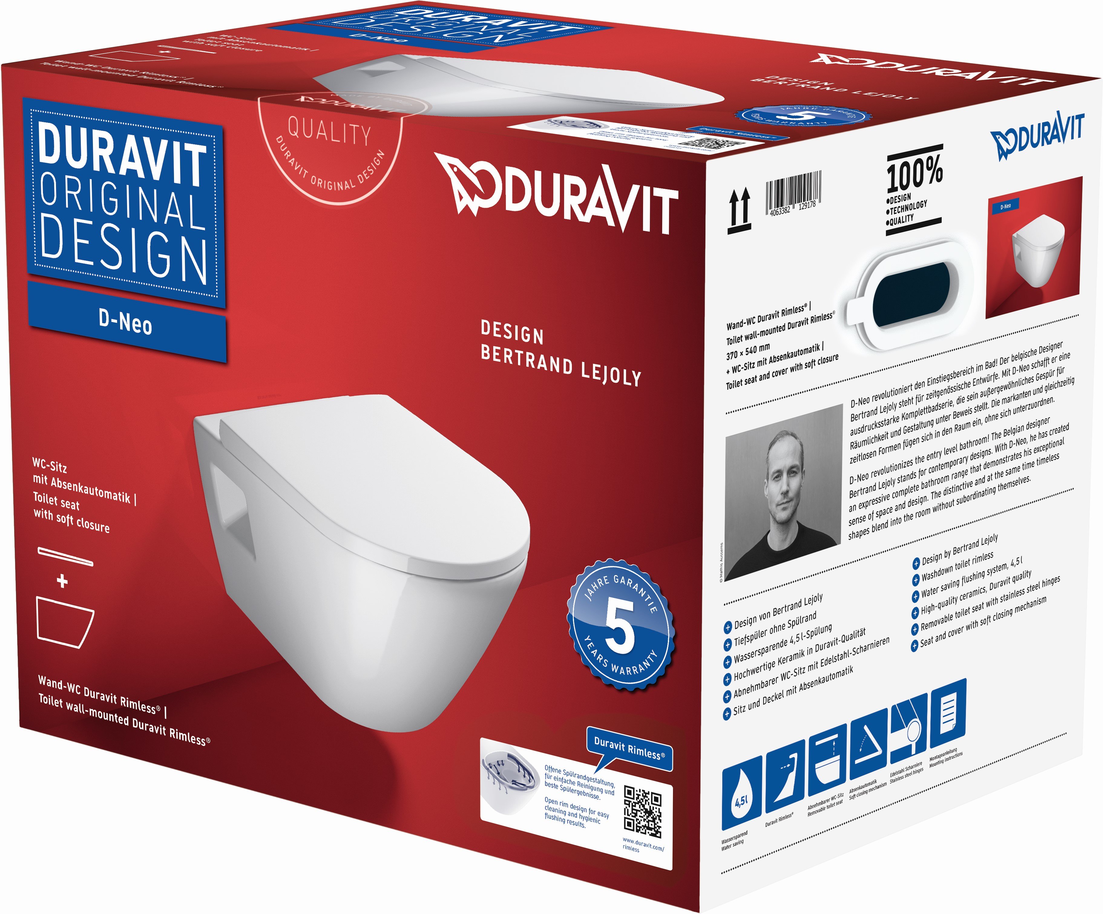 Duravit D-Neo vas wc cu capac soft-close agăţat da alb 45780900A1