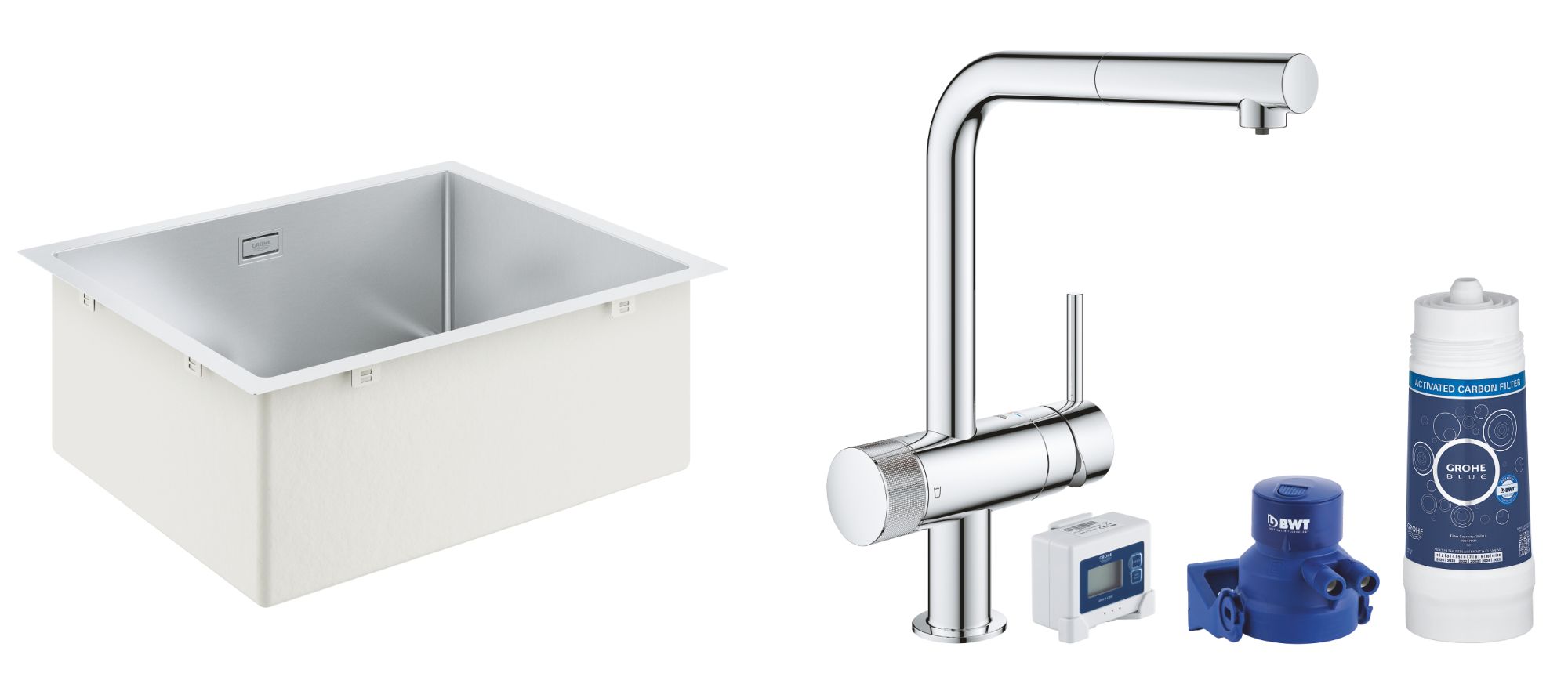 Set baterie de bucatarie cu filtru Grohe Blue 31455001, chiuveta din otel Grohe K700 31726SD0