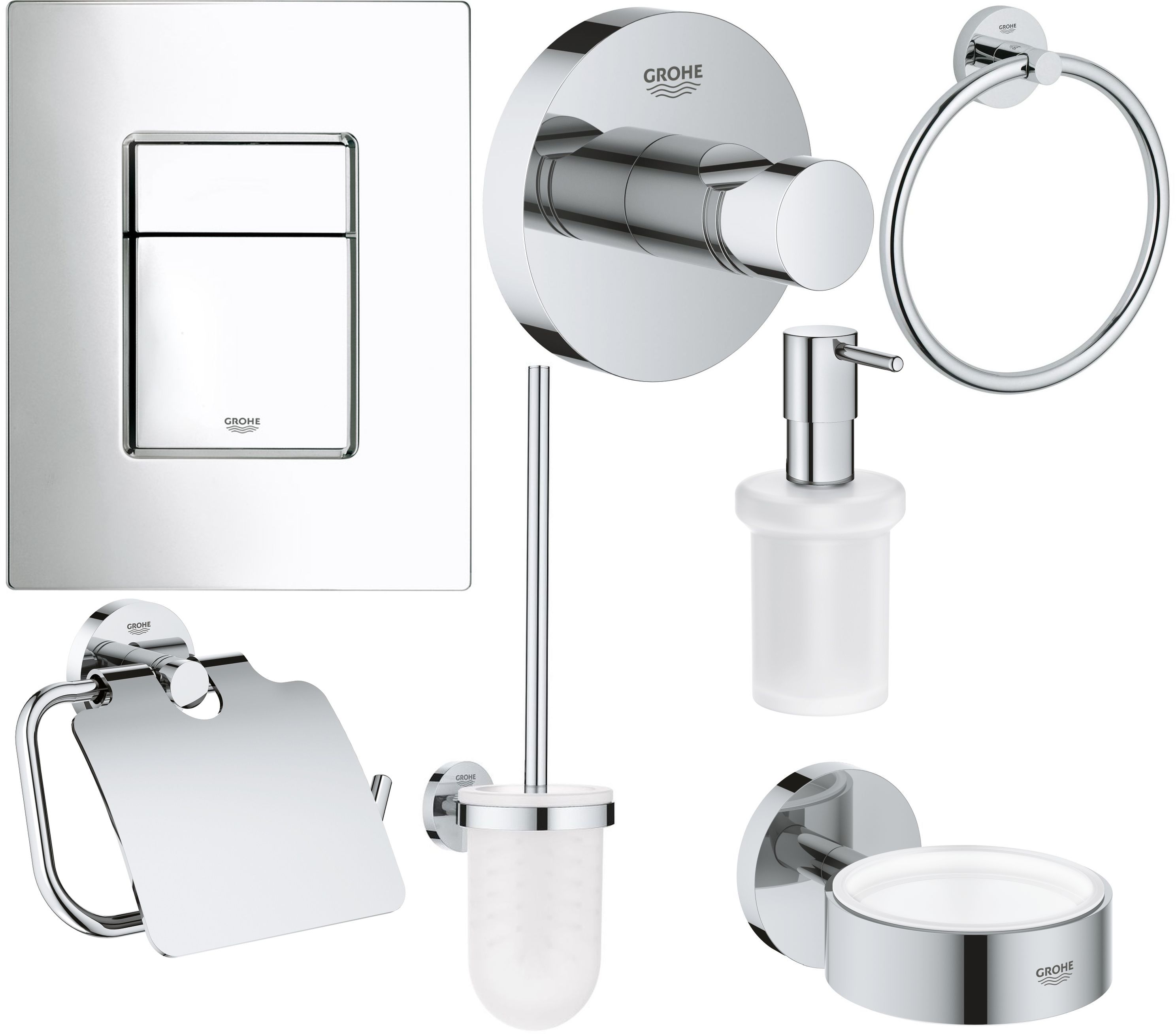 Set buton de spălare Grohe Skate 38732000, perie de toaletă Grohe Essentials 40374001, 40367001, 40369001, 40365001, 40394001, 40364001