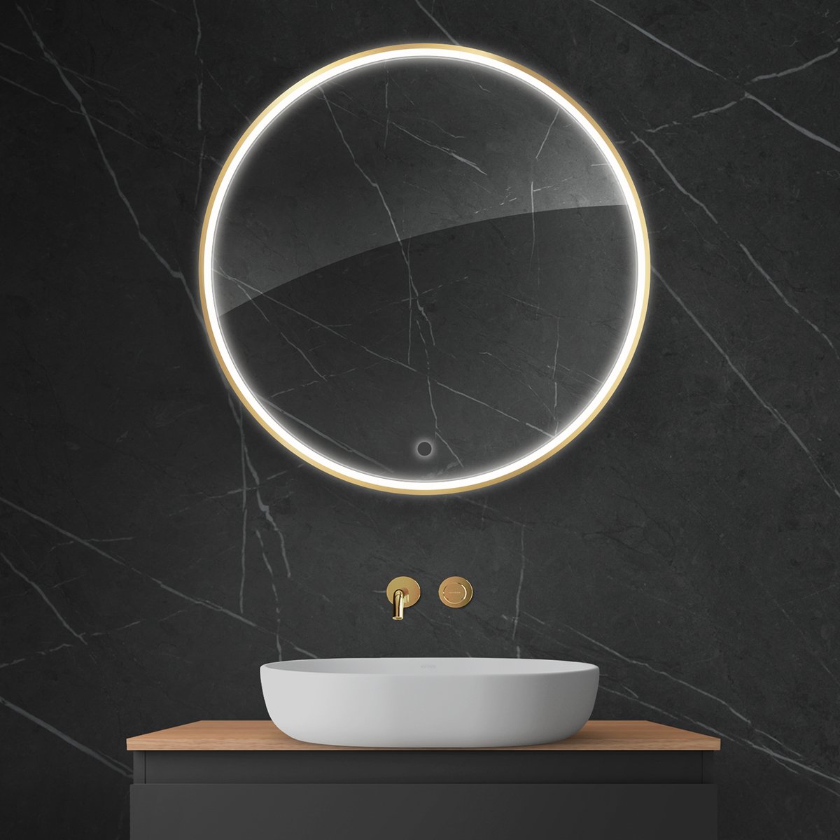 Oltens Nordlis oglindă 80x80 cm rotund cu iluminare cu covoraș de încălzire auriu 64101800