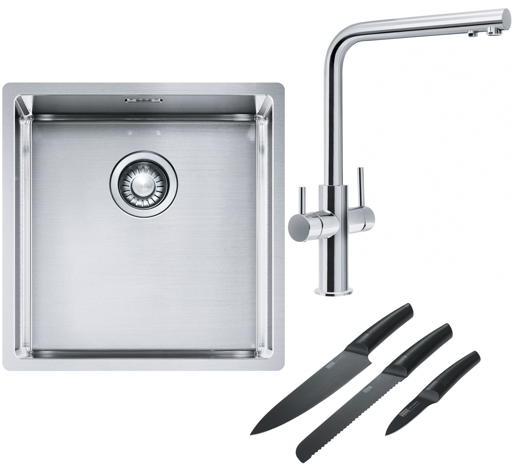 Set chiuveta din otel Franke Box 127.0453.654, baterie pentru filtru apă Franke Neptune Clear Water 115.0370.689, 112.0545.792