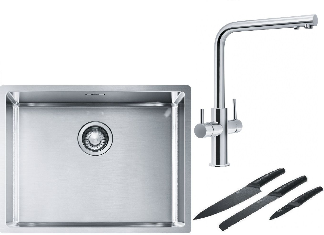 Set chiuveta din otel Franke Box 127.0453.660, baterie pentru filtru apă Franke Neptune Clear Water 115.0370.689, 112.0545.792