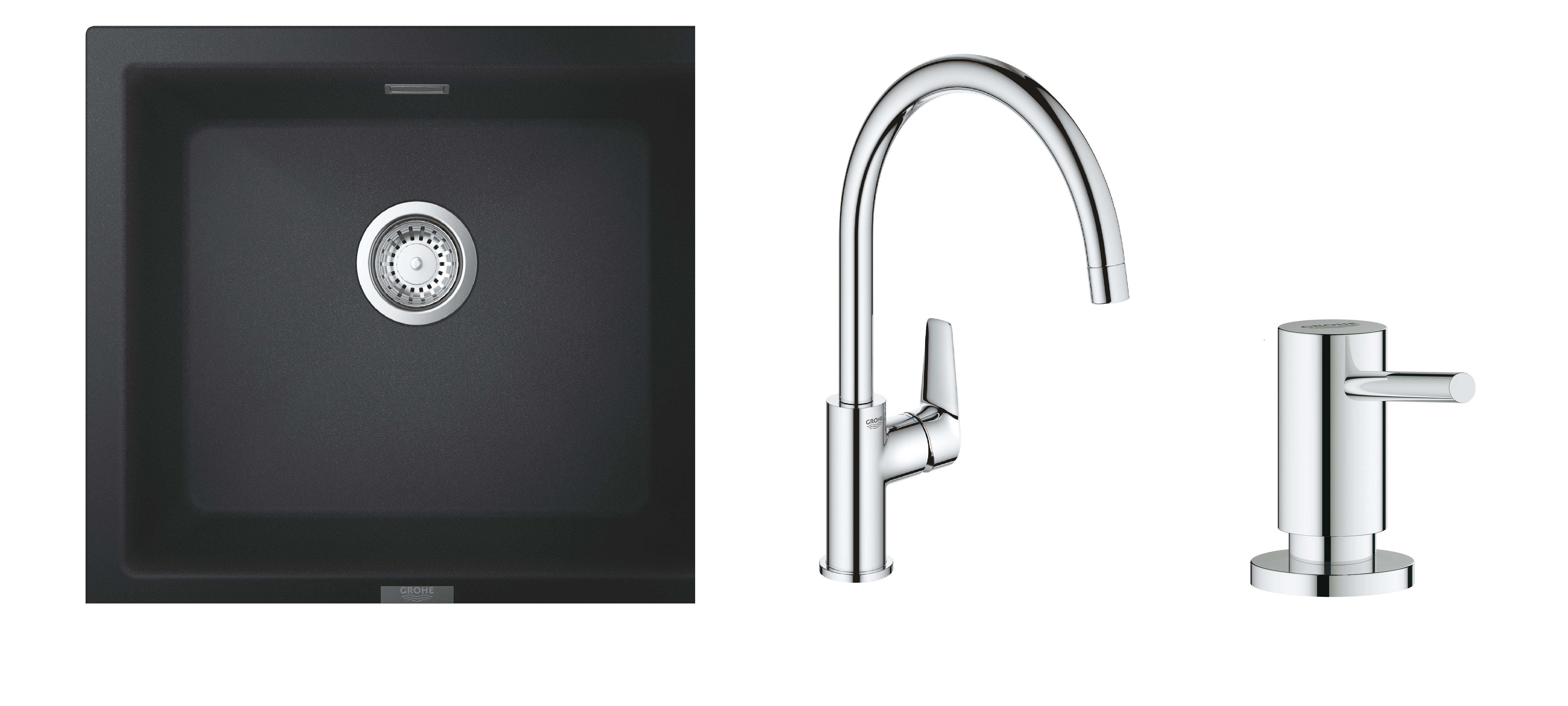 Set chiuvetă din granit Grohe K700 31654AP0, baterie bucătărie Grohe BauEdge 31367001, 40535000