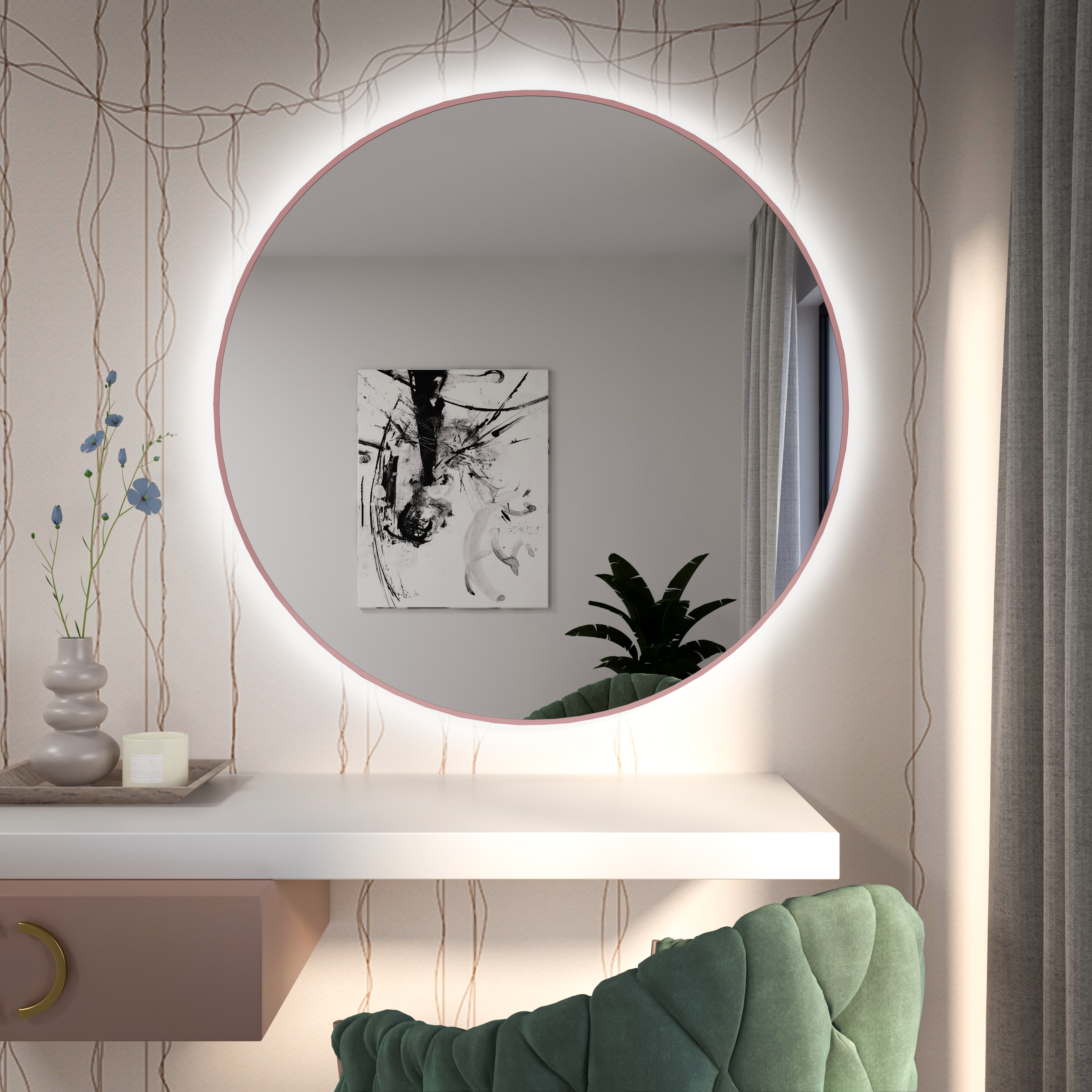 Baltica Design Tiny Border Bright oglindă 90x90 cm rotund cu iluminare roz 5904107930657