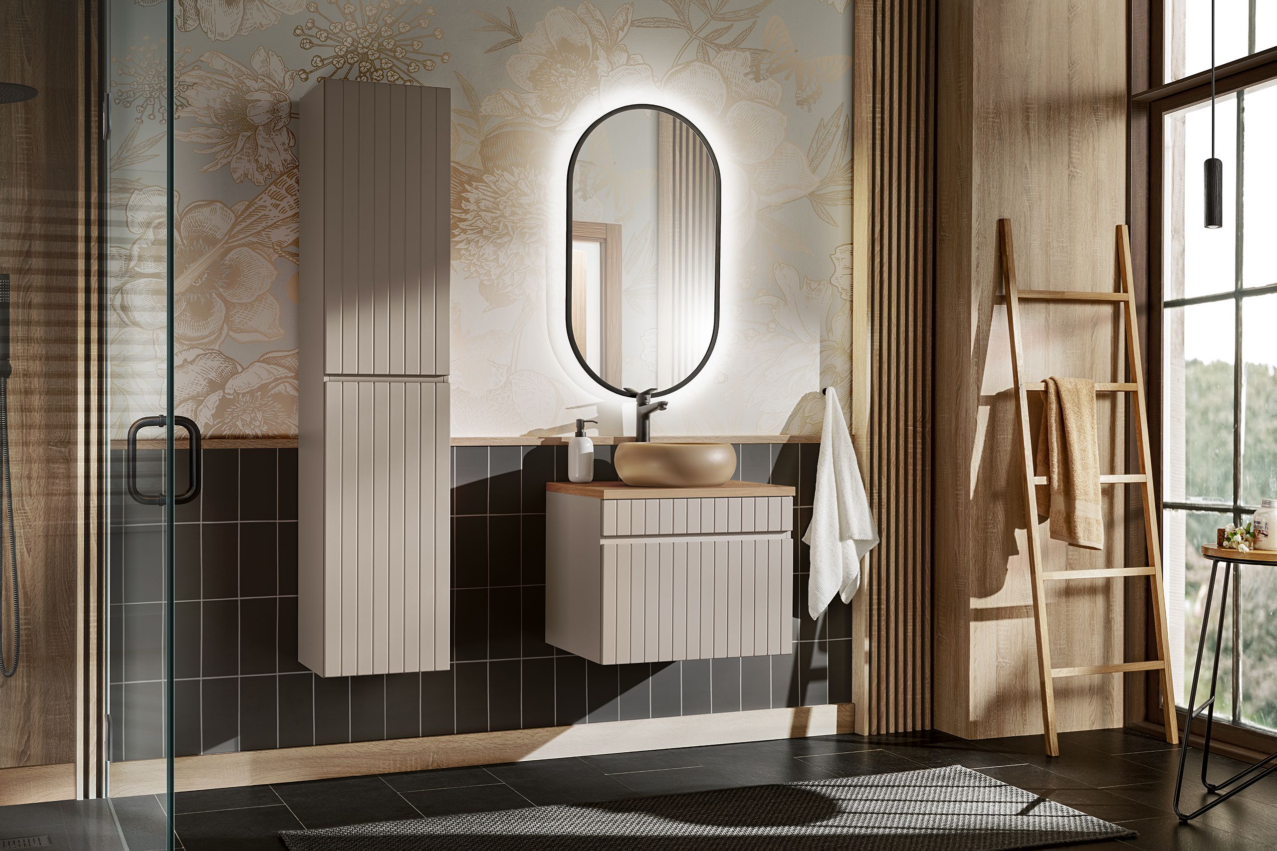 Set oglindă Comad Apollo LUSTRO APOLLO BLACK, dulap Comad Iconic Cashmere ICONIC CASHMERE 80-01-D-2D, ICONIC CASHMERE 82-60-D-1S, UN-WIKI-MC, BLAT 89-60-A OAK COAST EVOKE