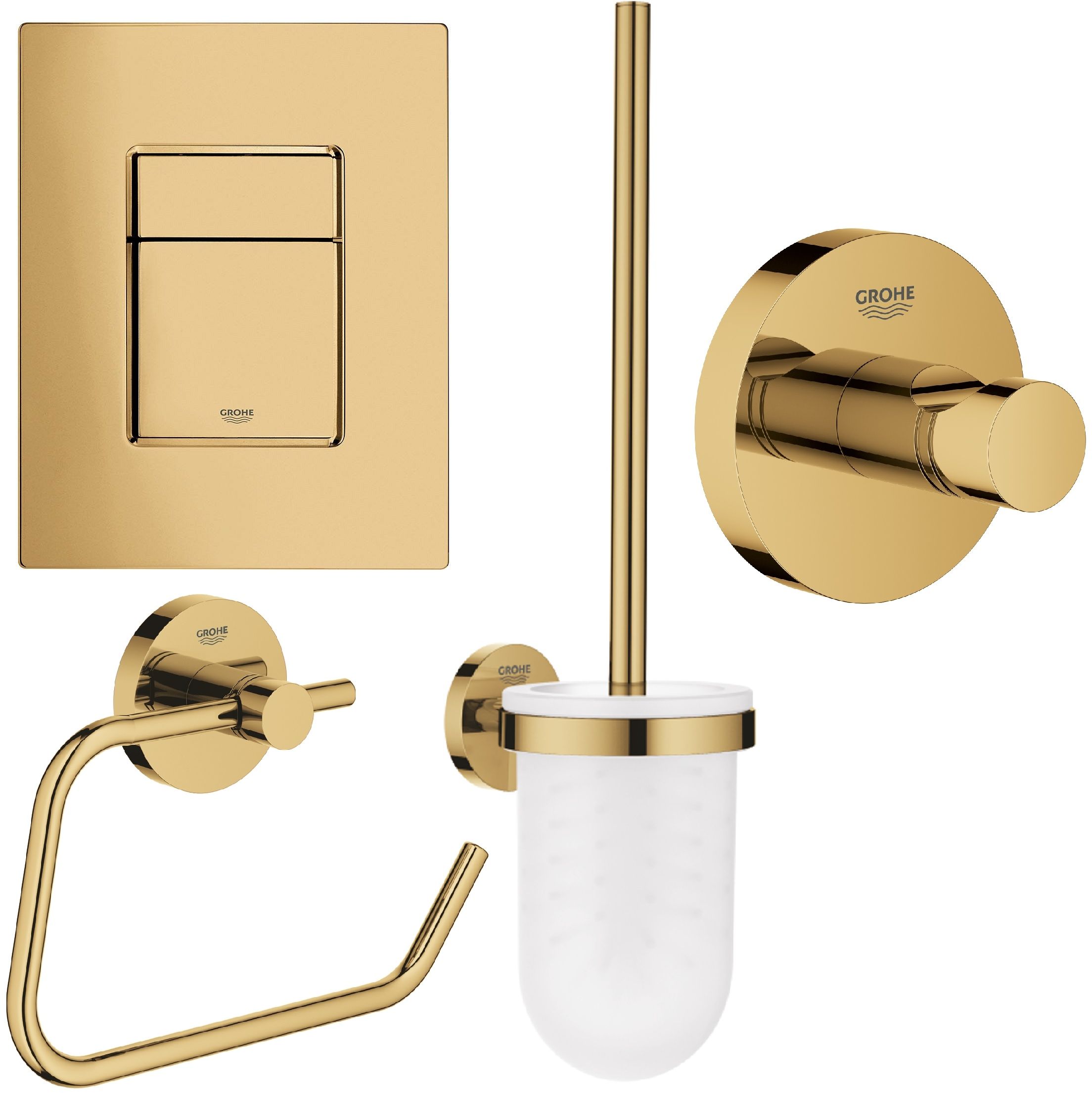 Set buton de spălare Grohe Skate 38732GL0, perie de toaletă Grohe Essentials 40374GL1, 40689GL1, 40364GL1