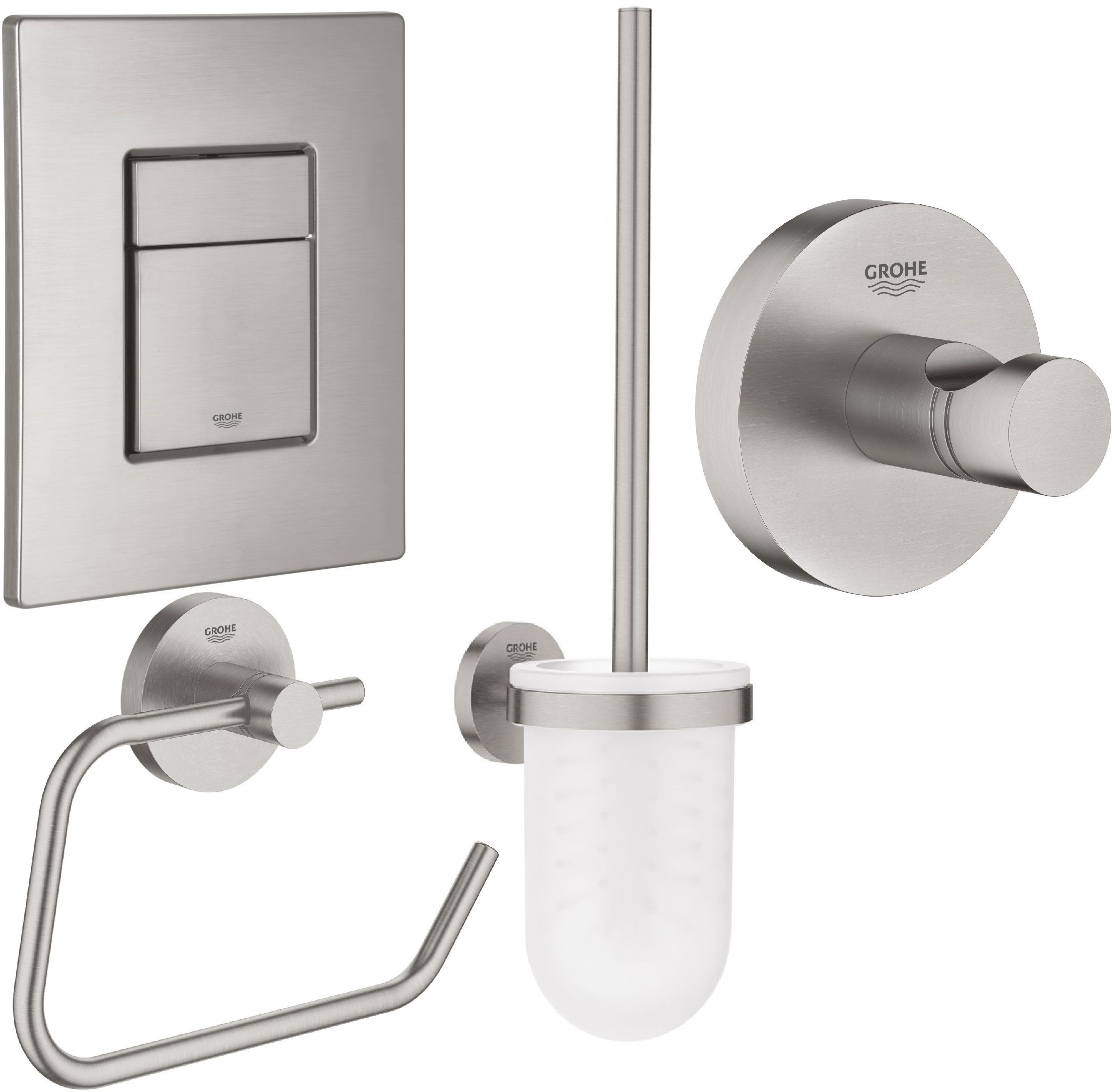 Set buton de spălare Grohe Skate 38732DC0, perie de toaletă Grohe Essentials 40374DC1, 40689DC1, 40364DC1