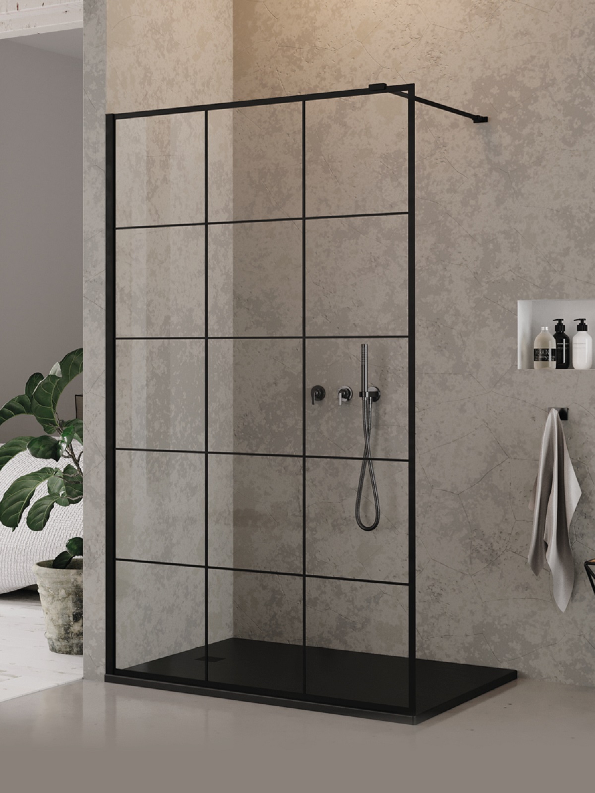 New Trendy New Modus Black perete cabină de duș walk-in 90 cm negru mat/sticlă cu model EXK-5547