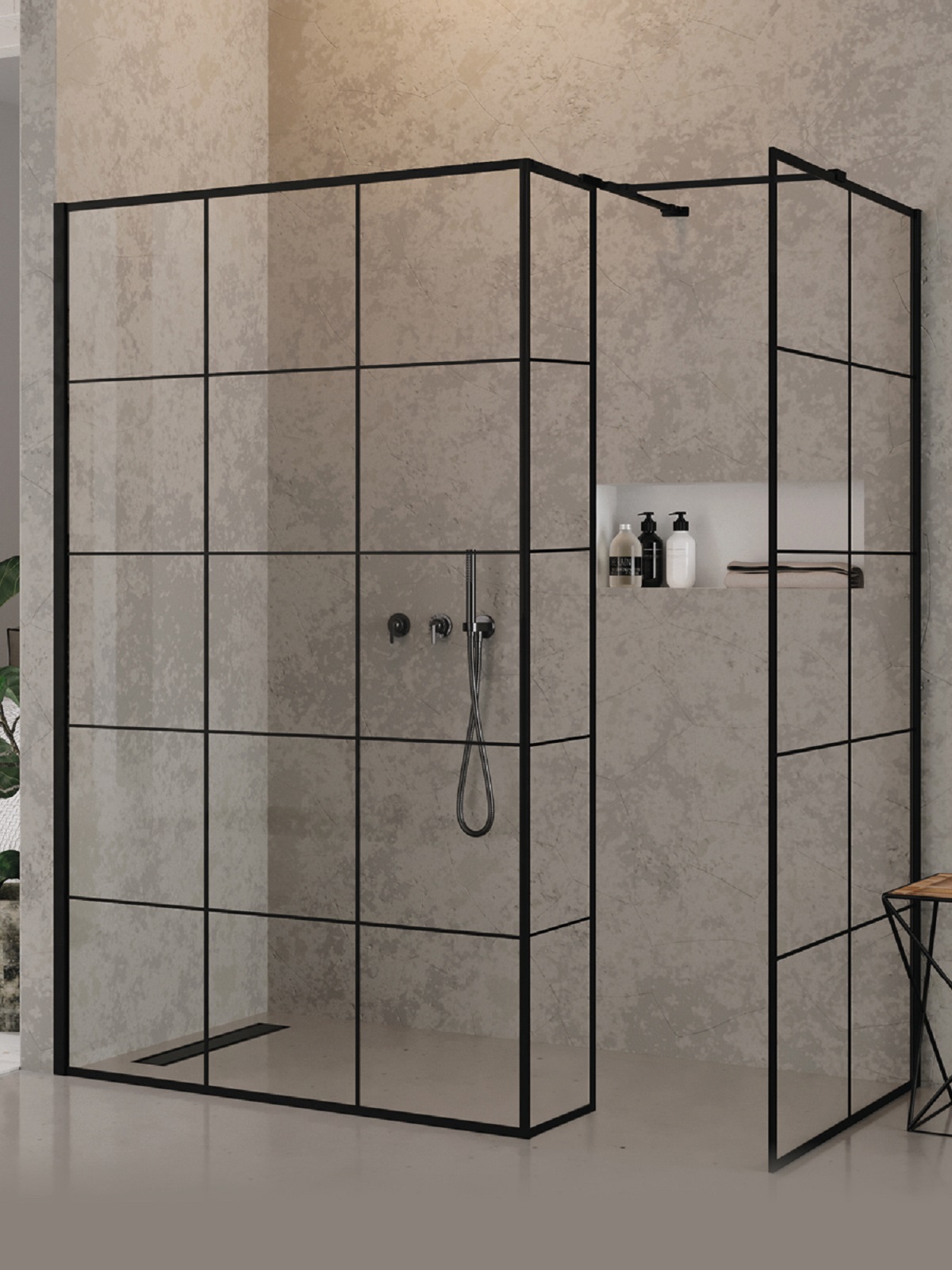 New Trendy New Modus Black perete cabină de duș walk-in 110 cm negru mat/sticlă cu model EXK-6963