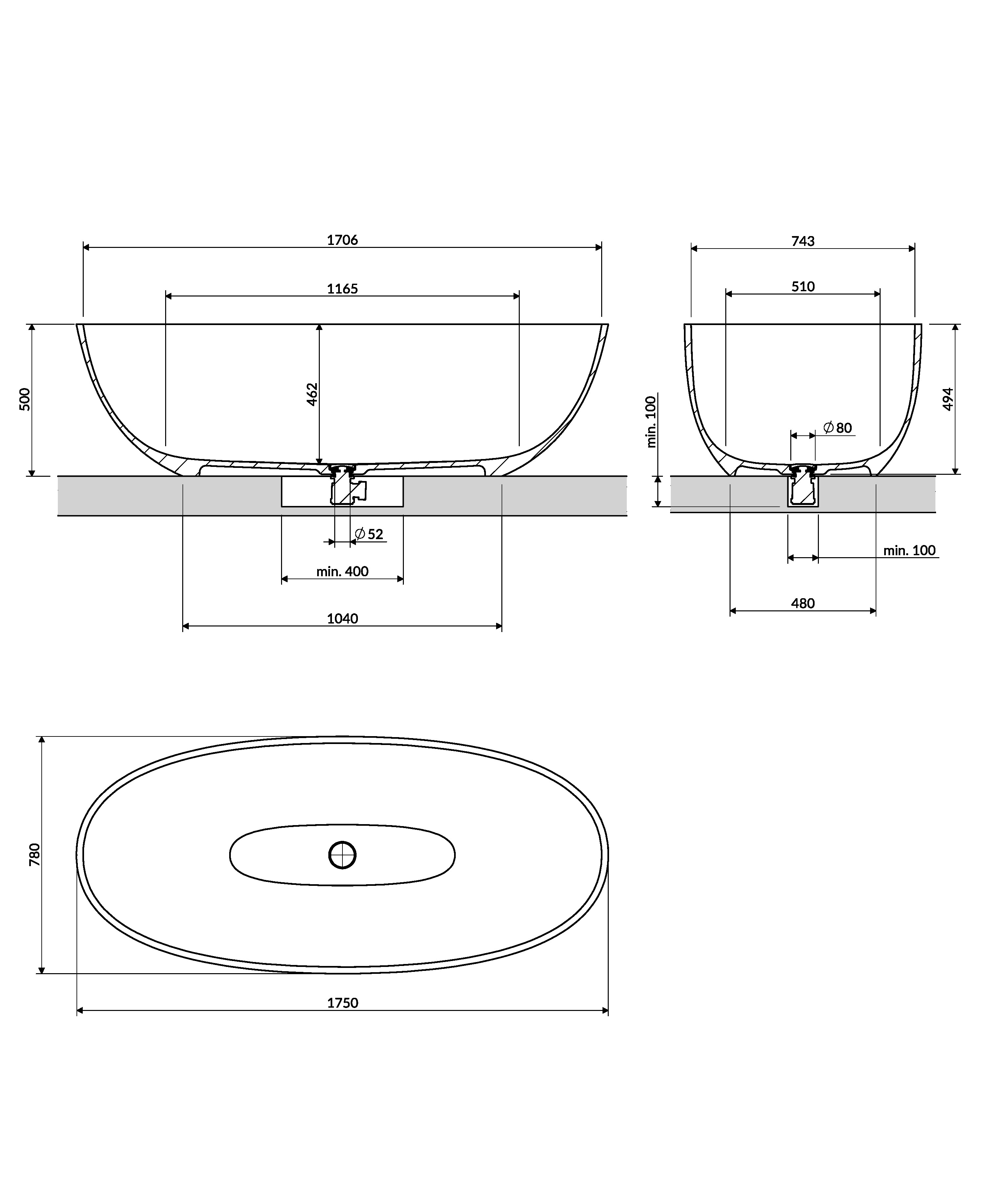 Omnires Shell M+ cadă freestanding 175x78 cm ovală SHELL175WWWS
