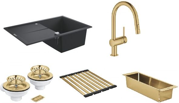 Set chiuvetă din granit Grohe K400 31639AP0, baterie bucătărie Grohe Minta 32321GN2, 40853GN0, 40854GN0, 40997GN0