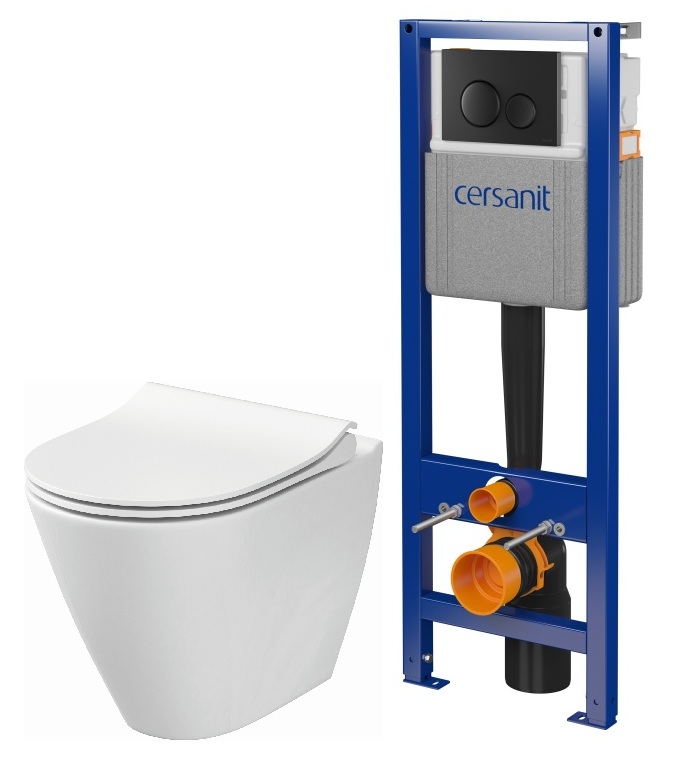 Set vas WC cu capac soft-close Cersanit City K701-104, cadru ascuns cu buton de acționare Cersanit S701-779
