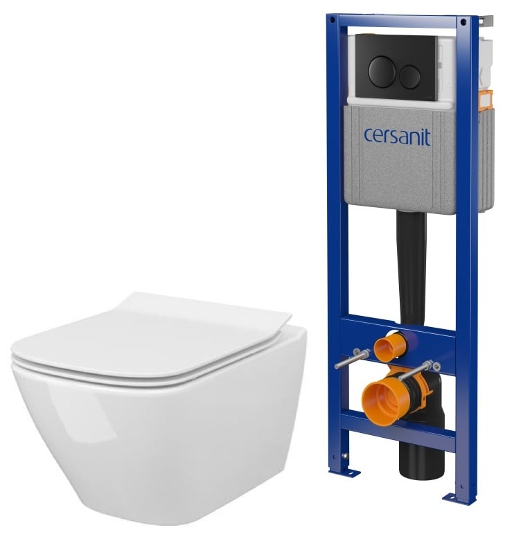 Set vas WC cu capac soft-close Cersanit City S701-405, cadru ascuns cu buton de acționare Cersanit S701-779