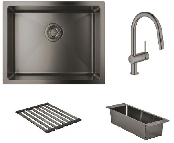 Set chiuveta din otel Grohe K700U 31574AL1, baterie bucătărie Grohe Minta 32321AL2, 40852AL0, 40856AL0