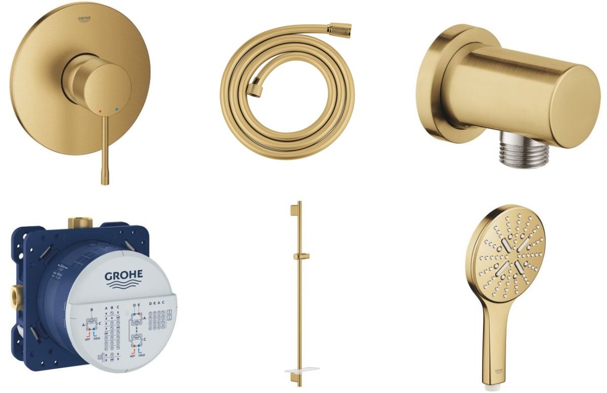 Set baterie de duș Grohe Essence 24057GL1, bară de duș Grohe Rainshower 26603GL0, 26574GL0, 27057GL0, 35600000, 28388GL1