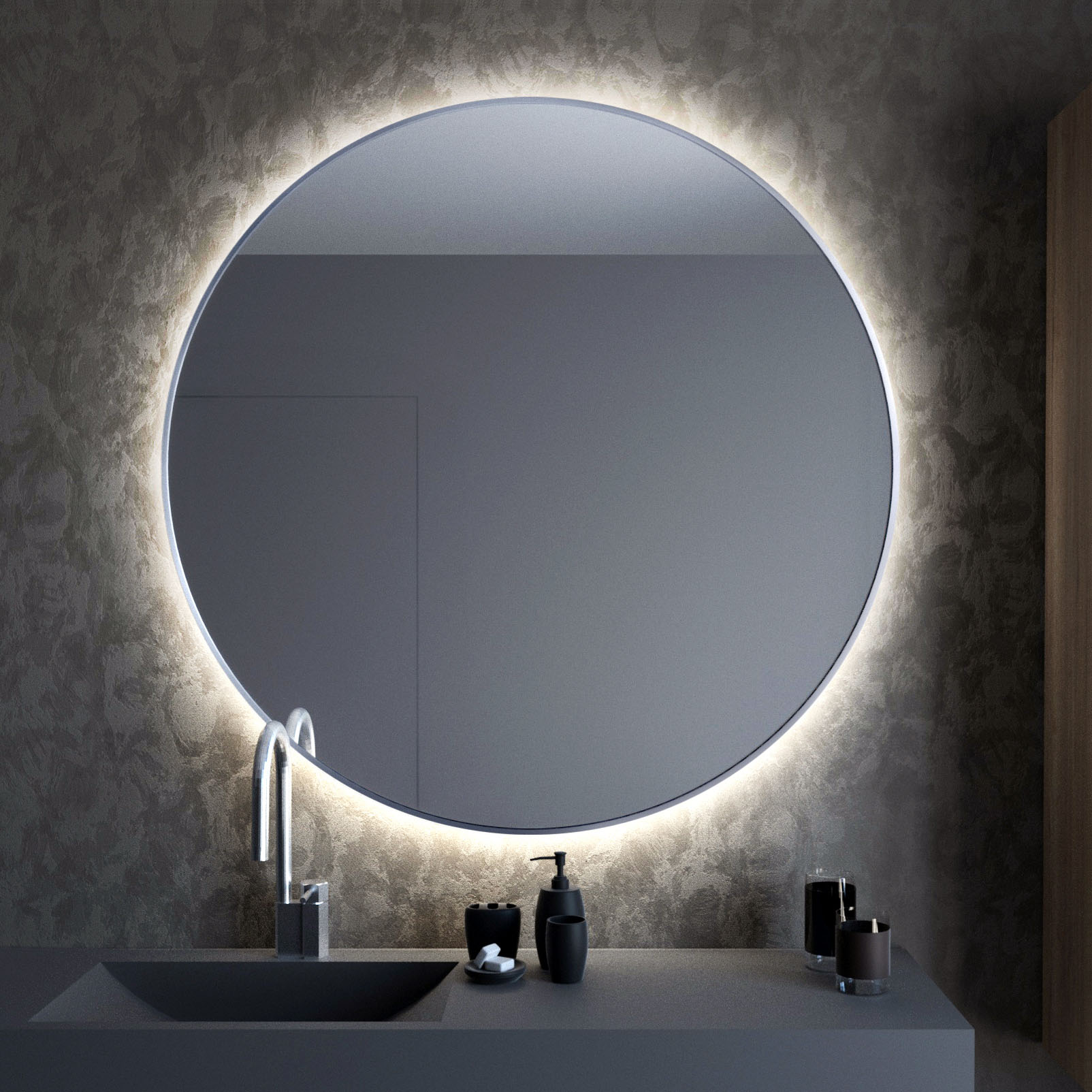 Baltica Design Tiny Border Bright oglindă 100x100 cm rotund cu iluminare cu covoraș de încălzire argint 5904107911762