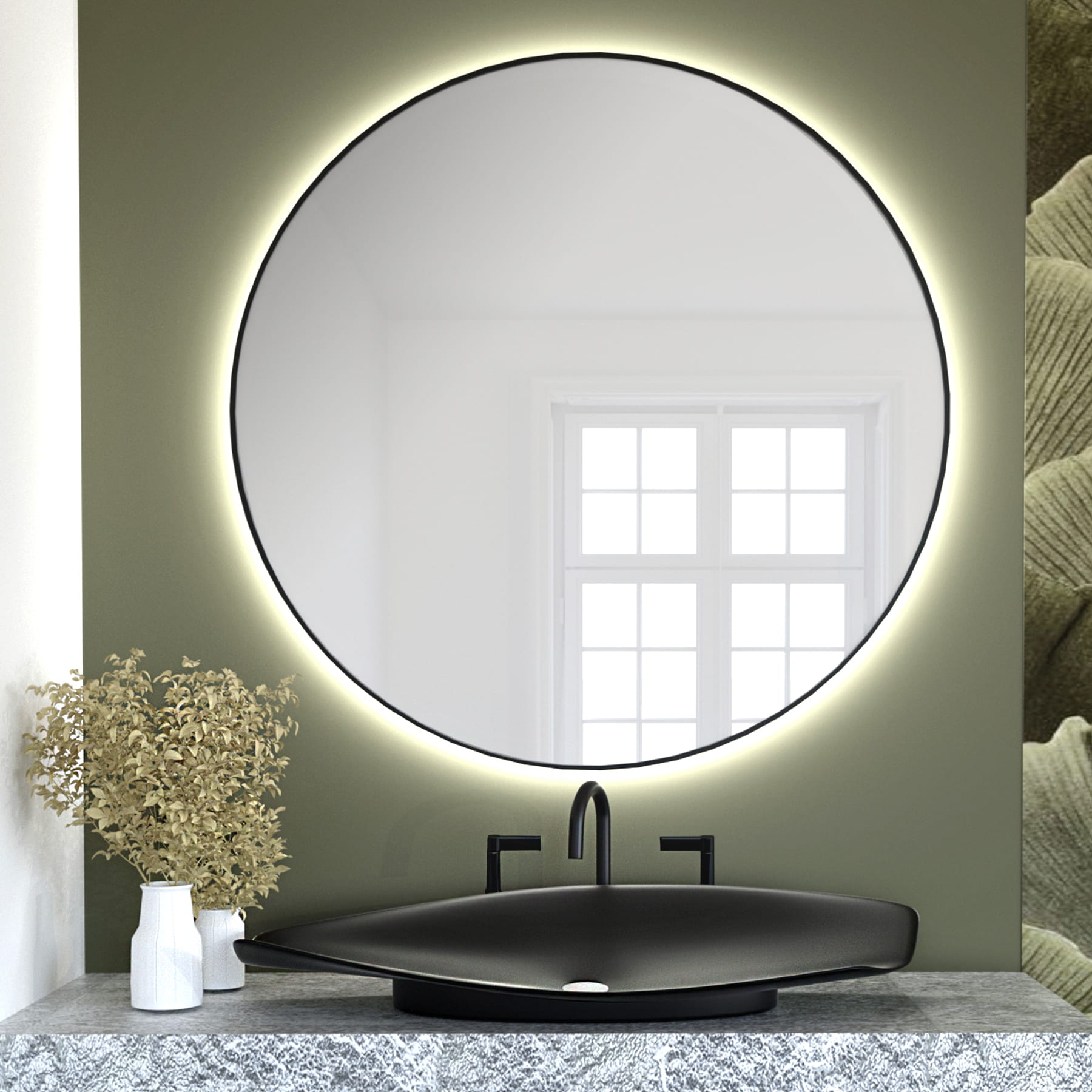 Baltica Design Tiny Border Bright oglindă 90x90 cm rotund cu iluminare cu covoraș de încălzire negru 5904107911625