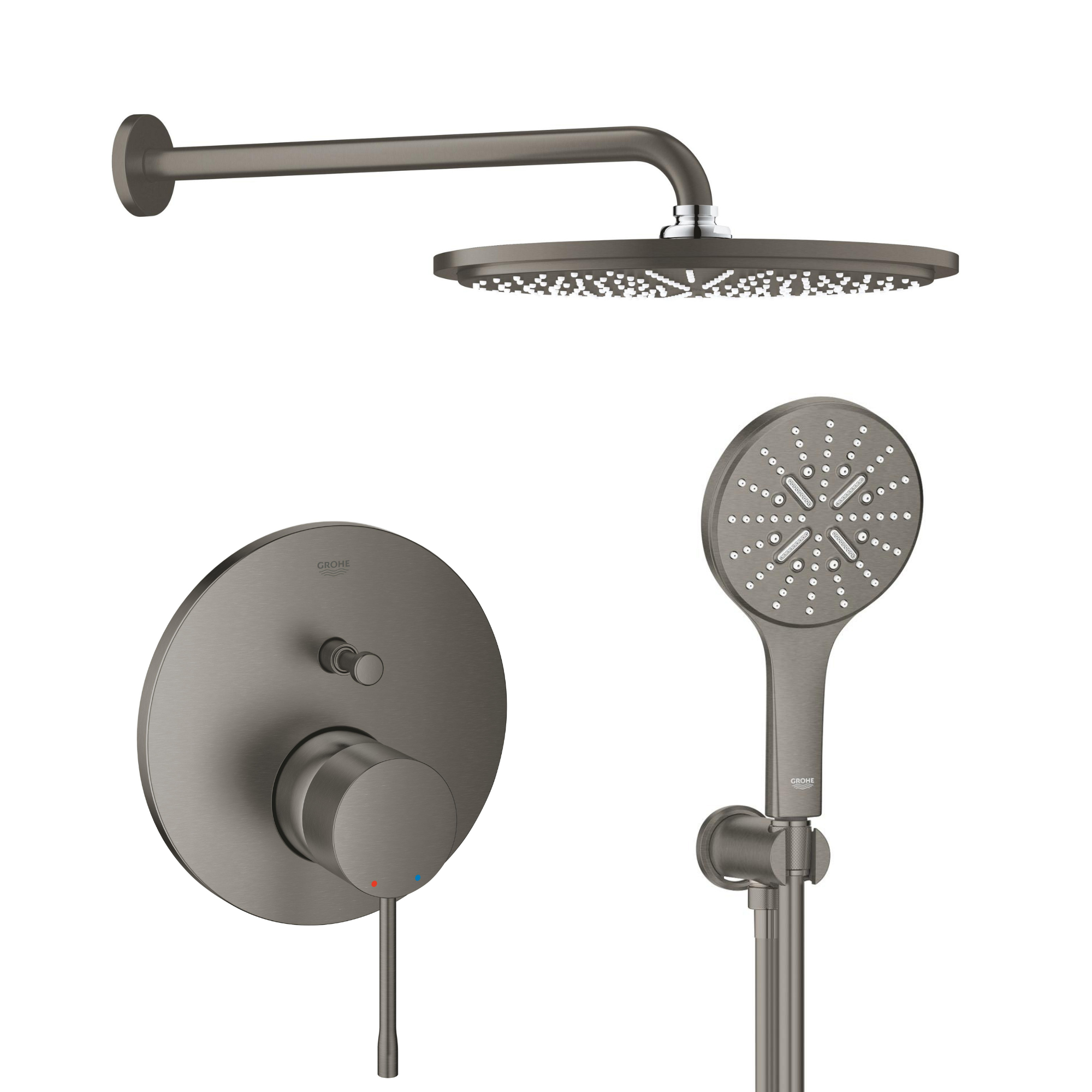 Set cap de duș cu braț Grohe Rainshower 26066AL0, baterie cadă-duș Grohe Essence 24058AL1, 26574AL0, 26658AL0, 28362A01
