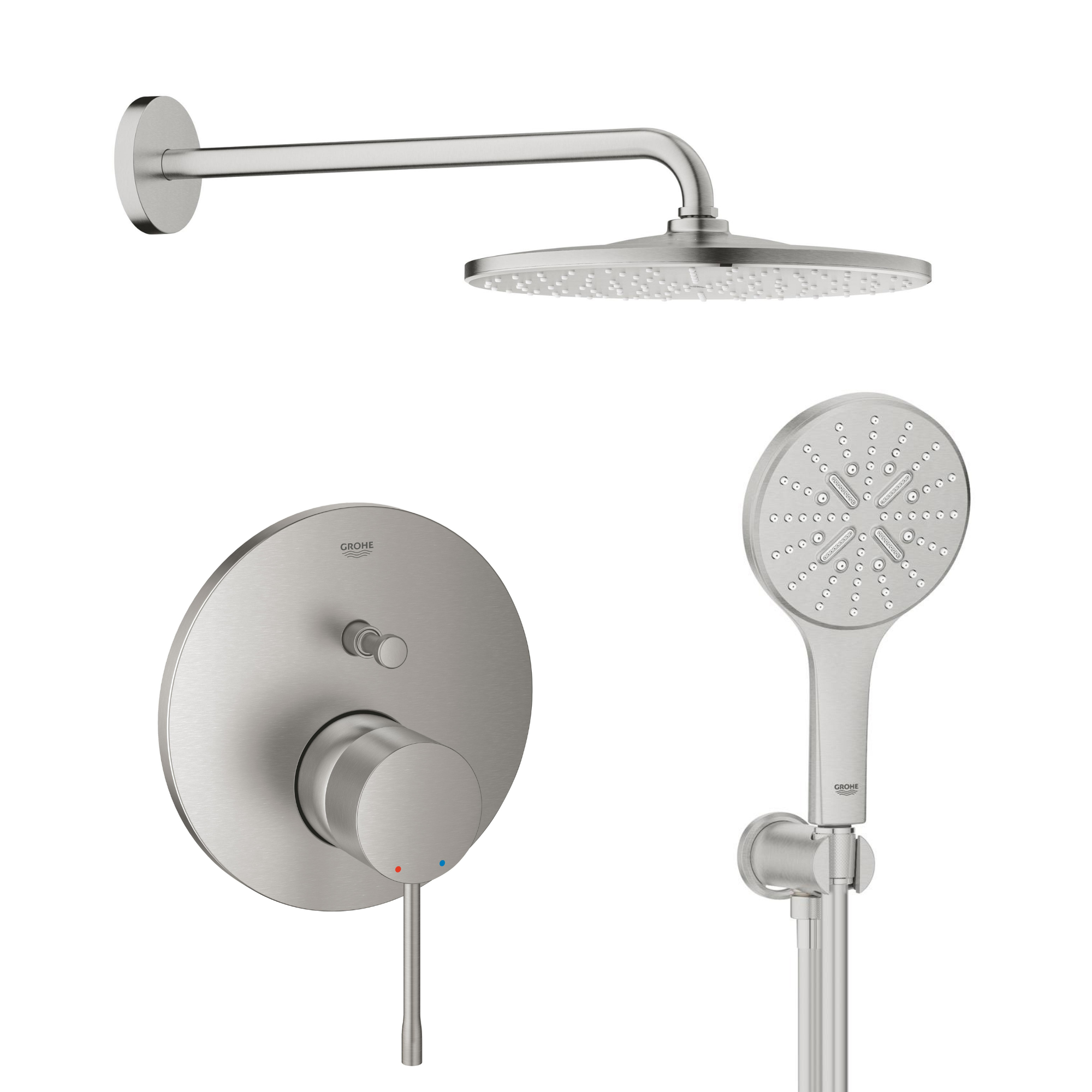 Set cap de duș cu braț Grohe Rainshower 26558DC0, baterie cadă-duș Grohe Essence 24058DC1, 26574DC0, 26658DC0, 28362DC1