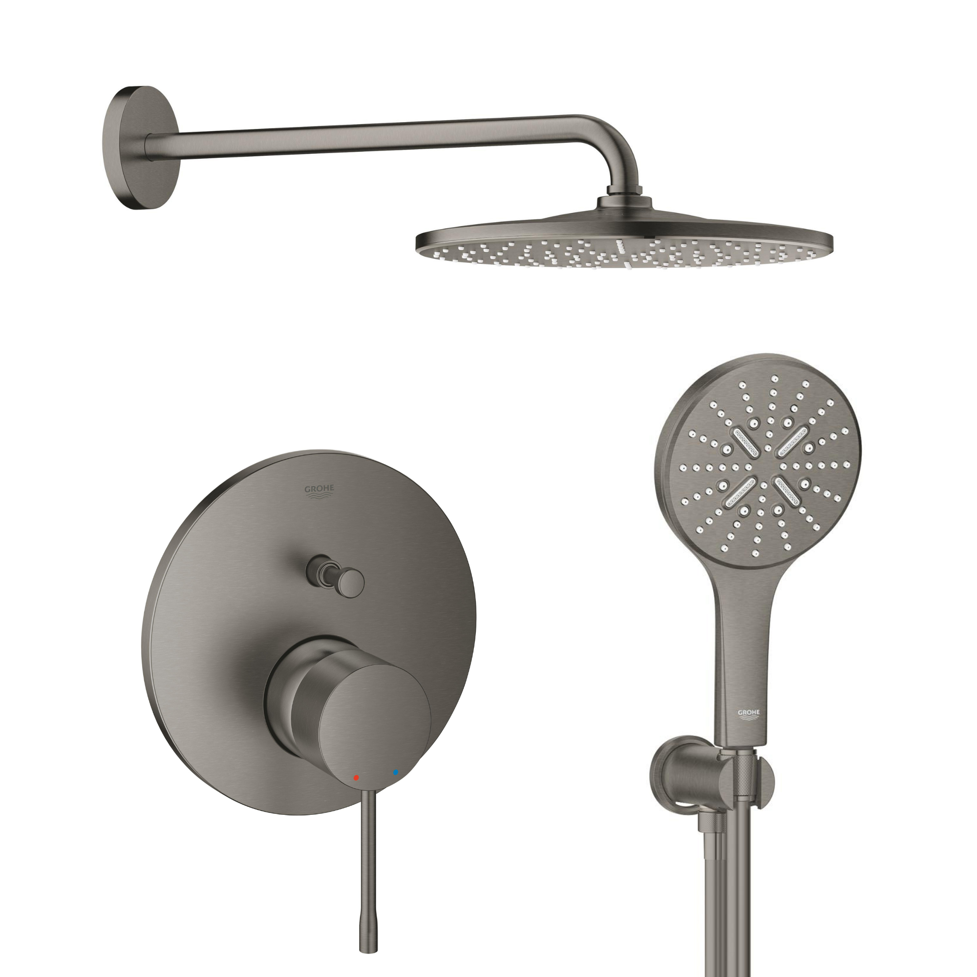 Set cap de duș cu braț Grohe Rainshower 26558AL0, baterie cadă-duș Grohe Essence 24058AL1, 26574AL0, 26658AL0, 28362A01