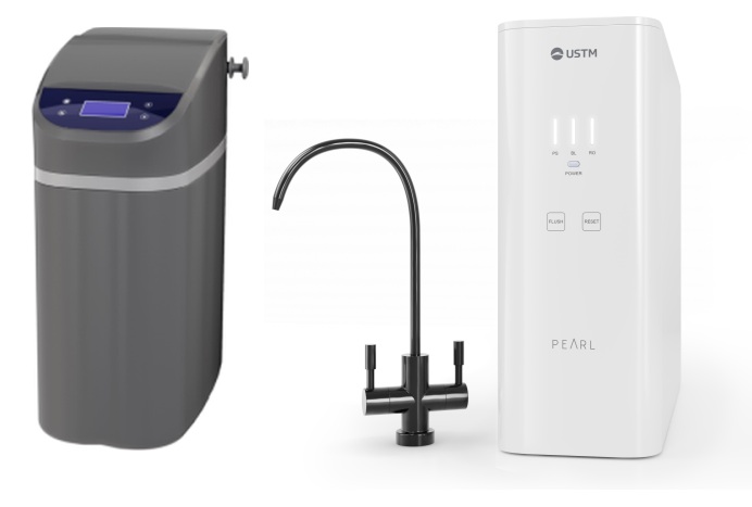 Set stații dedurizare apă USTM Grey WS9LCDG, set filtru osmoza inversă USTM Pearl ROPEARLBLACKSTYLE