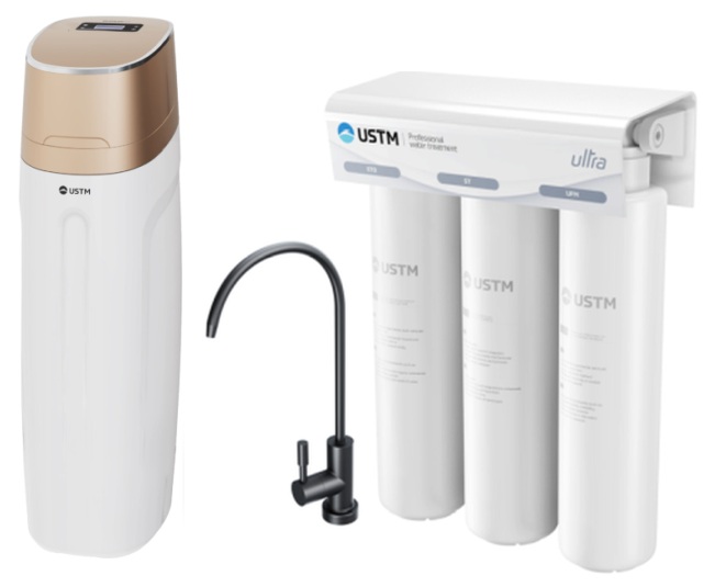 Set stații dedurizare apă USTM Golden WS25LCDGOLDEN, filtru sub chiuvetă USTM Ultra ULTRABLACKSTYLE