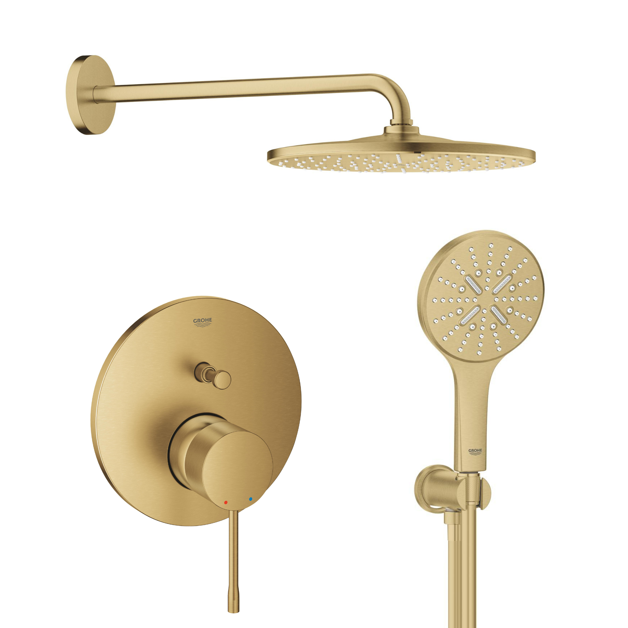 Set cap de duș cu braț Grohe Rainshower 26558GN0, baterie cadă-duș Grohe Essence 24058GN1, 26574GN0, 26658GN0, 28362GL1