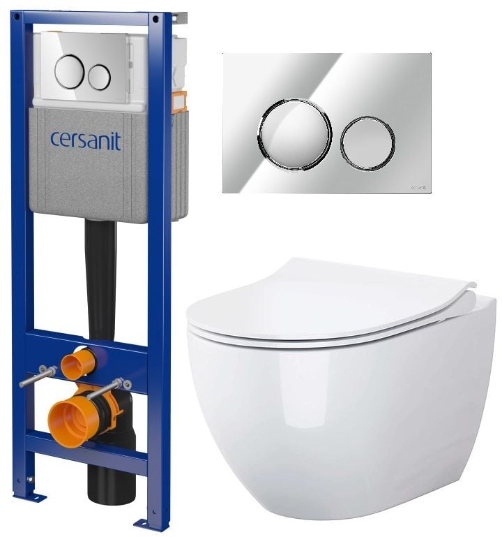 Set vas WC cu capac soft-close Cersanit Zen S701-428, cadru ascuns cu buton de acționare Cersanit S701-778