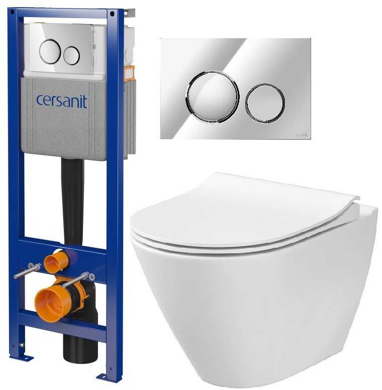 Set vas WC cu capac soft-close Cersanit City K701-104, cadru ascuns cu buton de acționare Cersanit S701-778