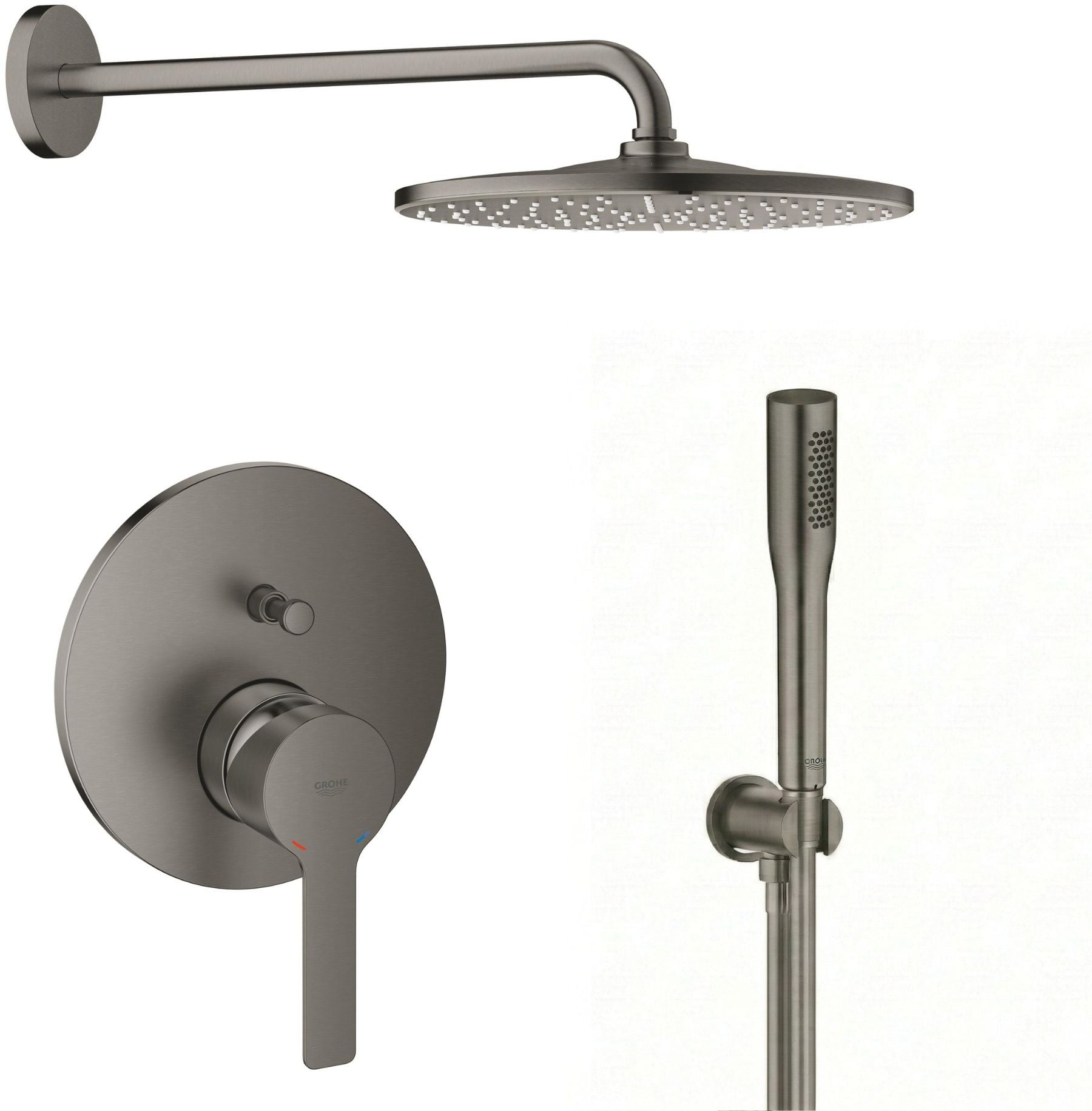 Set cap de duș cu braț Grohe Rainshower 26558AL0, baterie cadă-duș Grohe Lineare 24064AL1, 26658AL0, 27400AL0, 28362A01
