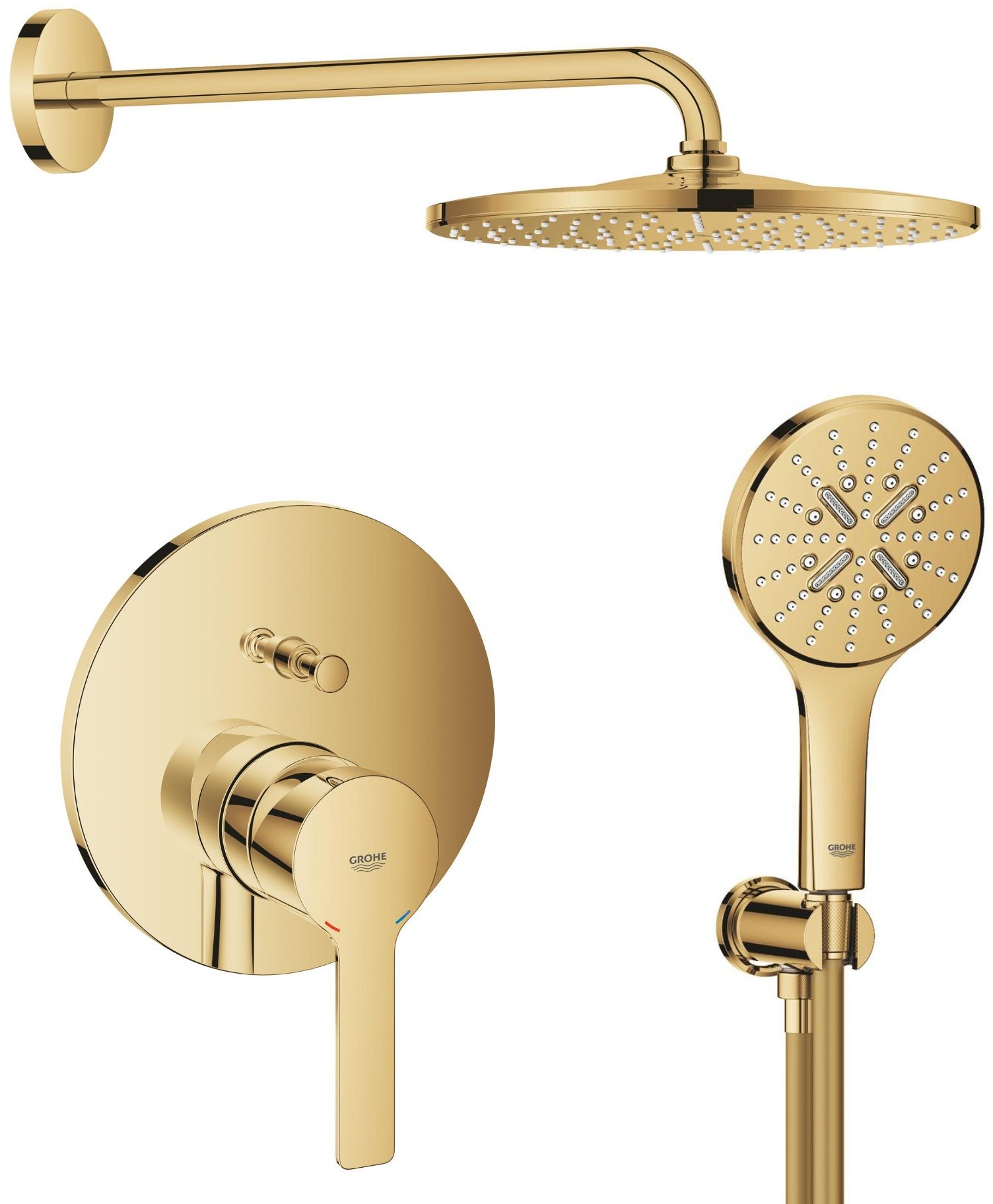 Set cap de duș cu braț Grohe Rainshower 26558GL0, baterie cadă-duș Grohe Lineare 24064GL1, 26574GL0, 26658GL0, 28362GL1