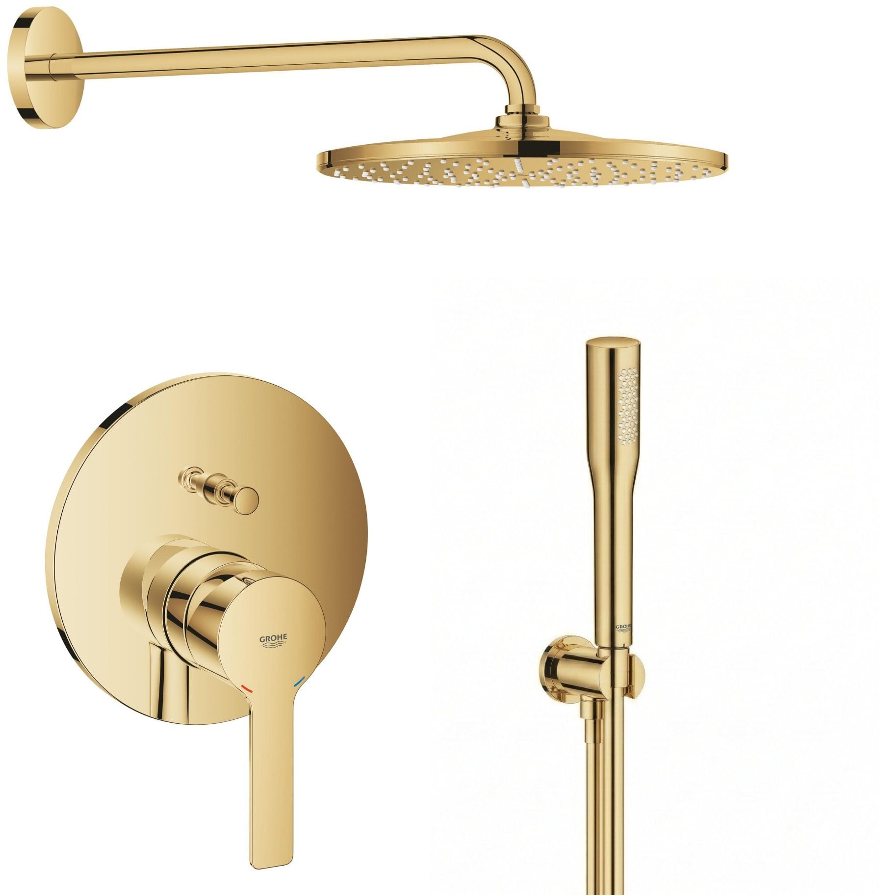 Set cap de duș cu braț Grohe Rainshower 26558GL0, baterie cadă-duș Grohe Lineare 24064GL1, 26658GL0, 27400GL0, 28362GL1