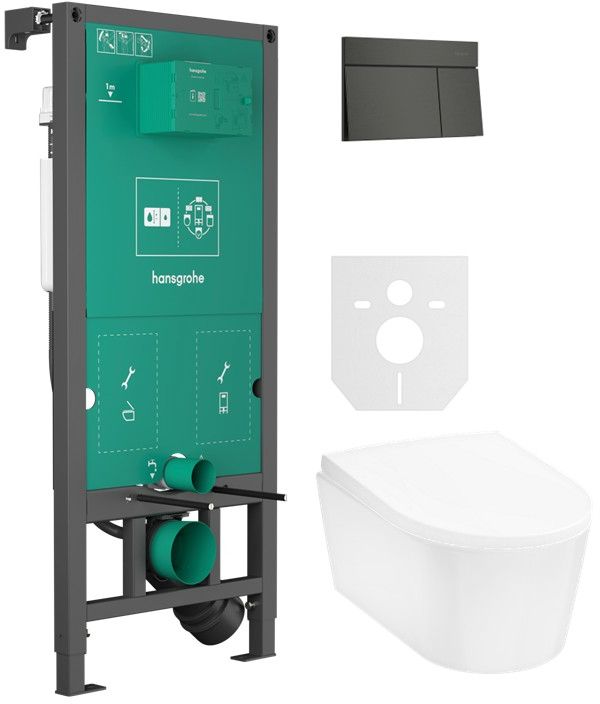 Set buton de spălare Hansgrohe Element E 66003340, vas WC Hansgrohe EluPura S 60193450, 01022180, 60148450