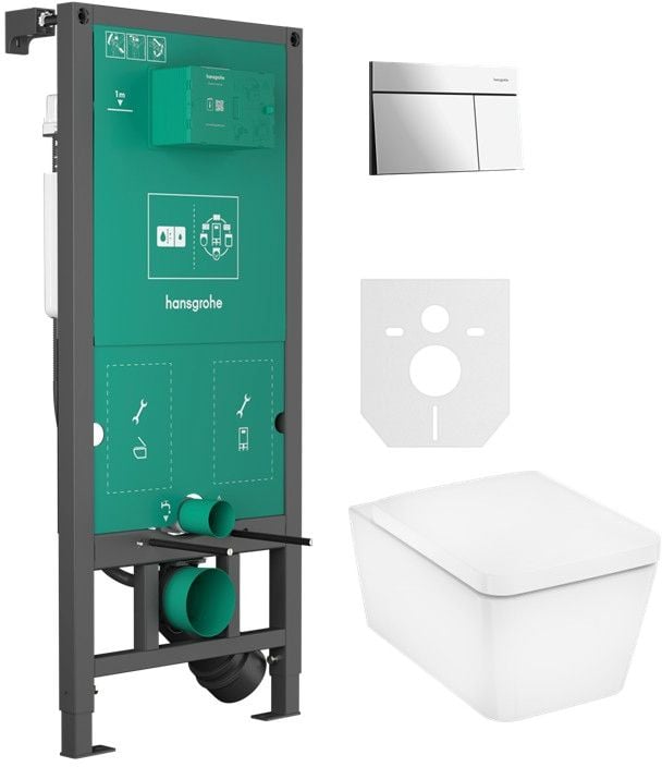 Set vas WC cu capac soft-close Hansgrohe EluPura Q 60293450, buton de spălare Hansgrohe Element E 66003000, 01022180