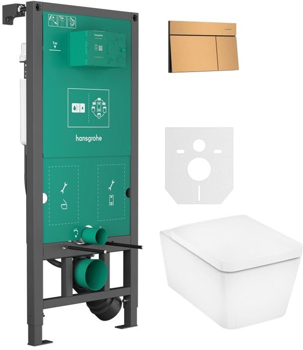 Set vas WC cu capac soft-close Hansgrohe EluPura Q 60293450, buton de spălare Hansgrohe Element E 66003140, 01022180