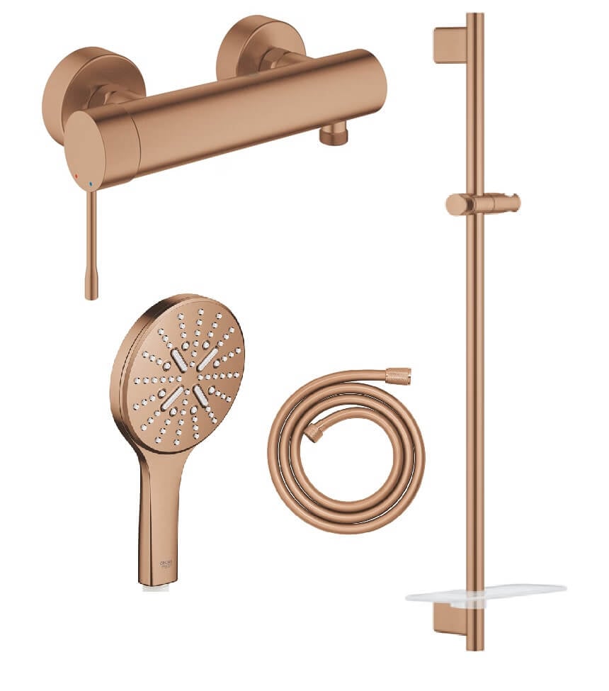 Set baterie de duș Grohe Essence 33636DL1, bară de duș Grohe Rainshower 26603DL0, 26574DL0, 28388DA1