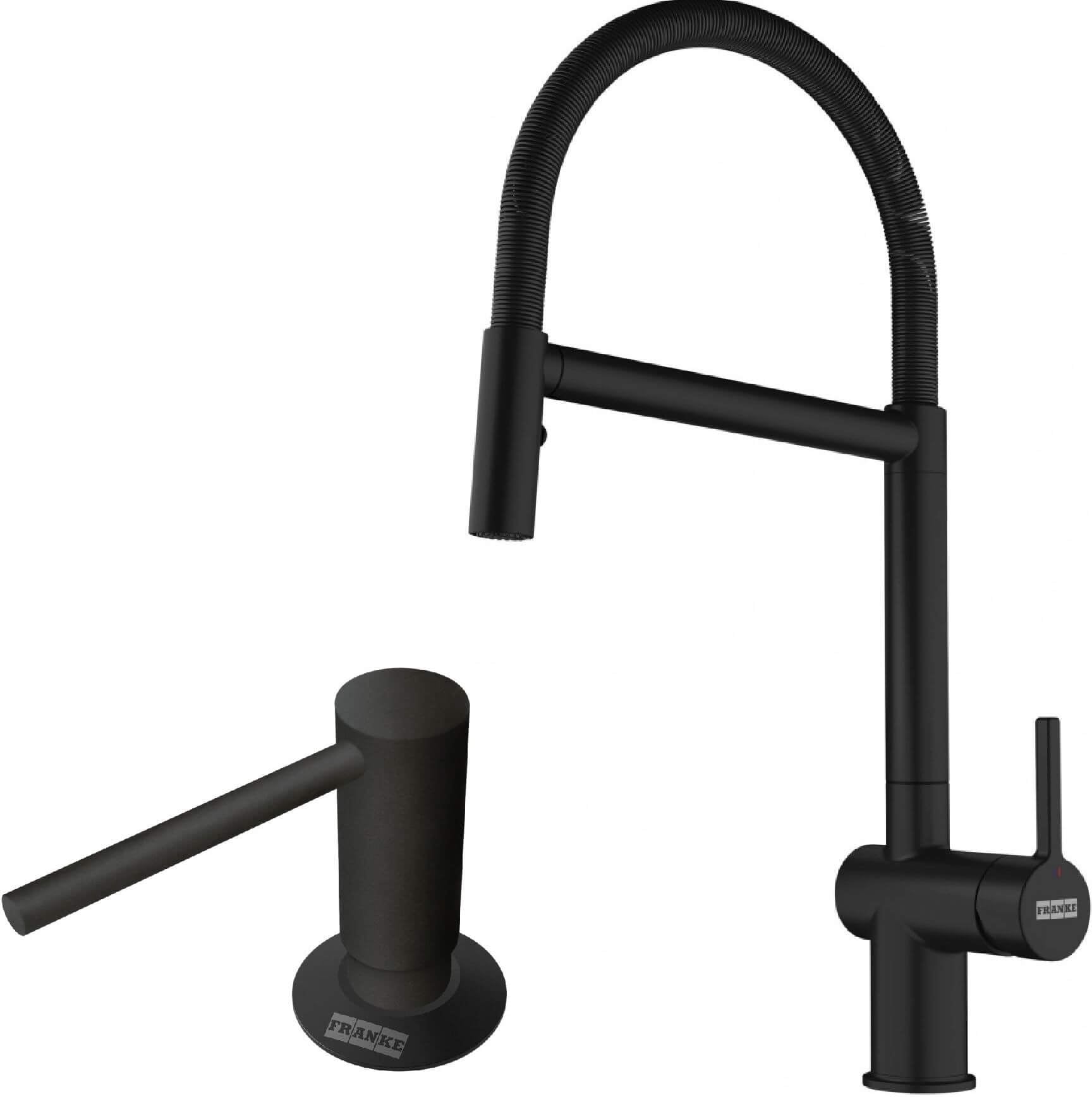 Set baterie bucătărie Franke Active Semi Pro Spray 115.0653.409, dozator de lichid Franke Comfort 112.0753.277