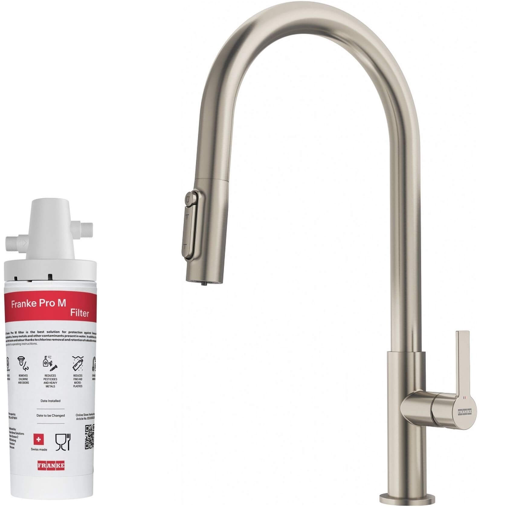 Set baterie bucătărie Franke Maris Slim Clear Water J Pull-Out 120.0736.604, filtru sub chiuvetă Franke Pro M Connect 150.0752.886