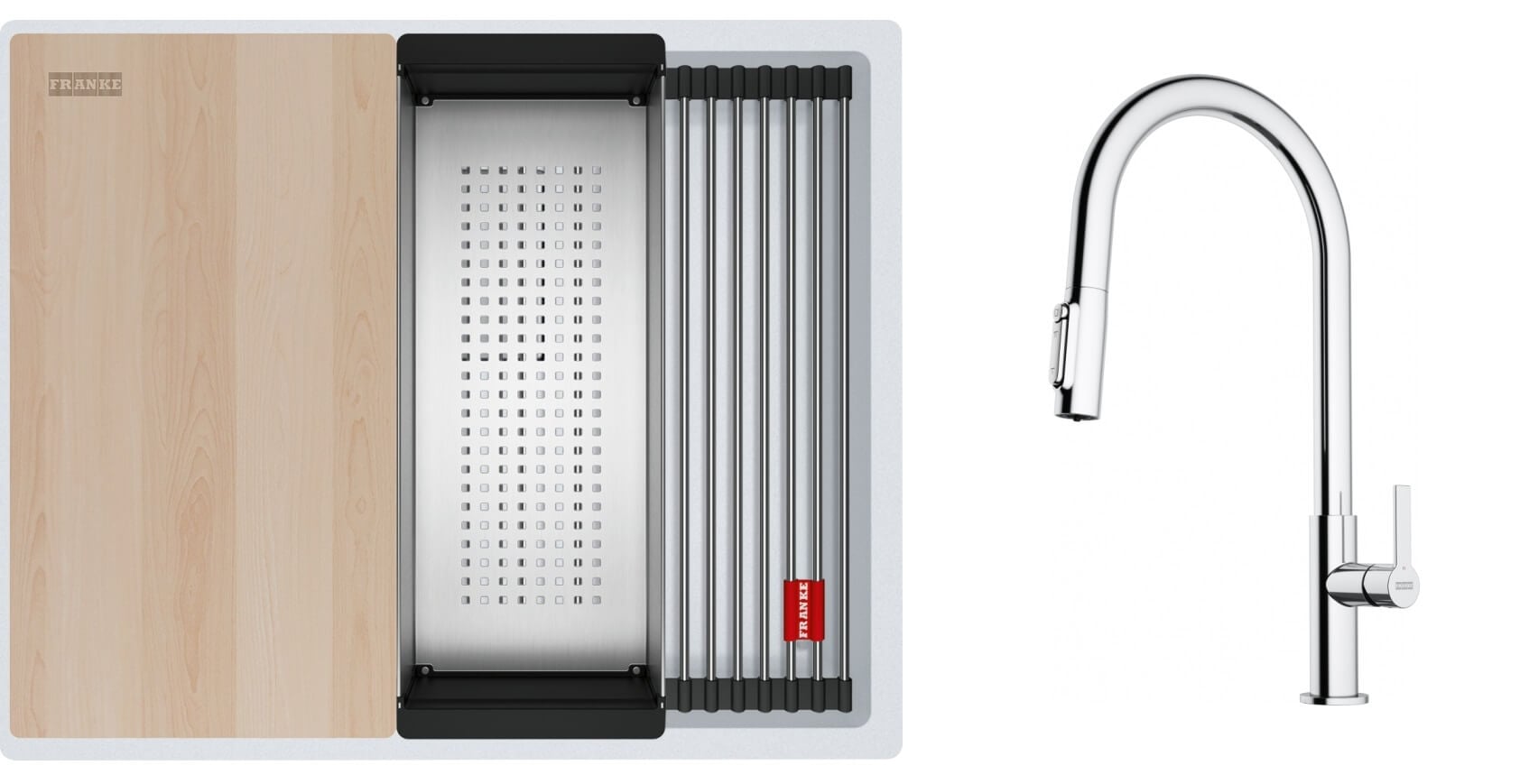 Set chiuvetă din granit Franke Kanon 125.0749.655, baterie bucătărie Franke Maris Slim Clear Water J Pull-Out 120.0730.870