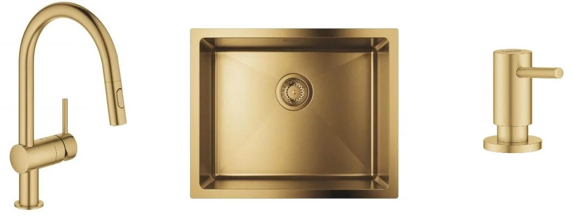 Set chiuveta din otel Grohe K700 31574GN1, baterie bucătărie Grohe Minta 32321GN2, 40535GN0
