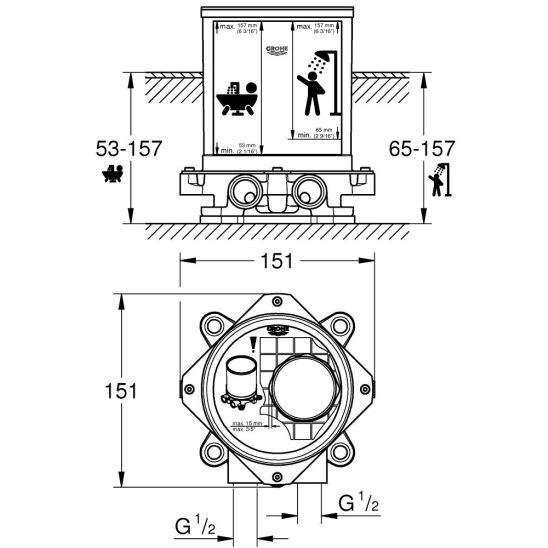 Set baterie cadă-duș Grohe Eurocube 23667001, element de fixare pe podea Grohe 45984001