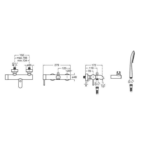 Set cada dreptunghiulară Roca Linea Slim A248546000, baterie cadă-duș Roca Lanta A5A0111C00, AM4008512M