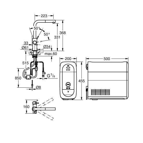 Set baterie de bucatarie cu filtru Grohe Blue 31539DC0, chiuvetă din granit Grohe K700 31655AP0