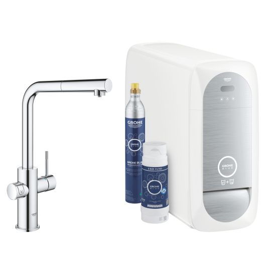 Set set starter cu baterie bucătărie Grohe Blue 31539000, chiuveta din otel Grohe K700 31726SD0