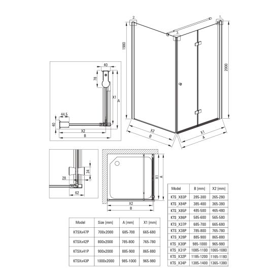 Set uși de duș Deante Kerria Plus KTSXN43P, perete cabină de duș walk-in Deante Kerria Plus KTS_N39P