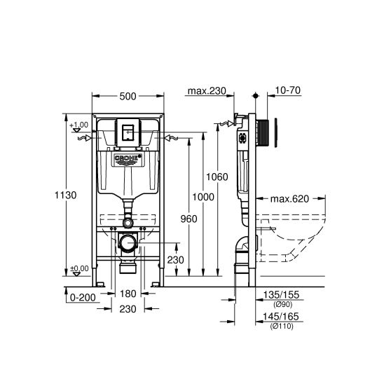 Set vas WC Grohe Cube Ceramic 3924500H, cadru încastrat cu buton și sigiliu Grohe Solido 39930000, 39488000